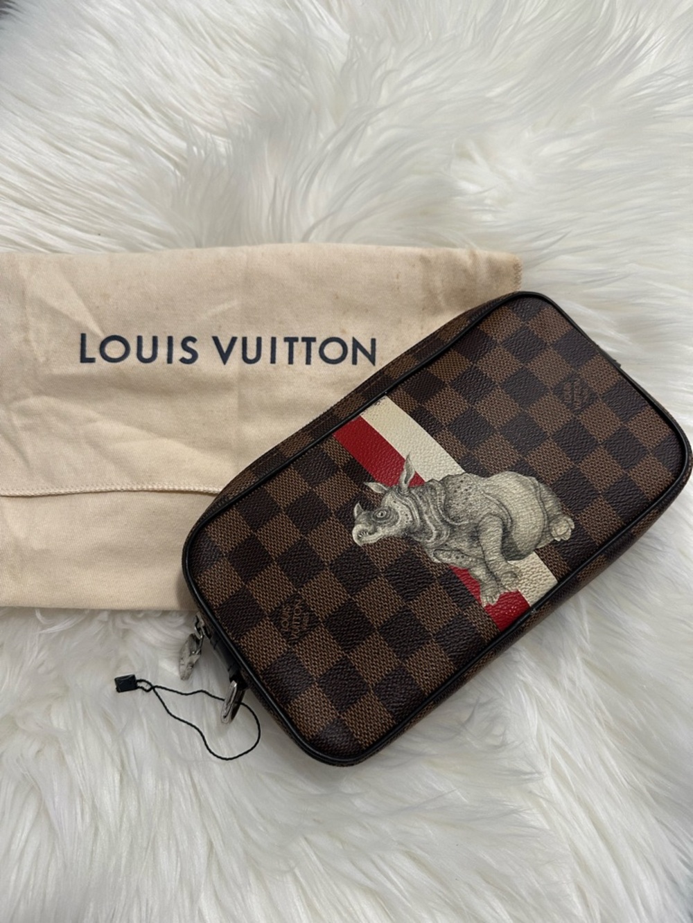 Louis Vuitton Brown Damier Toiletry Pouch with Rhino Motif and Red-White Stripe